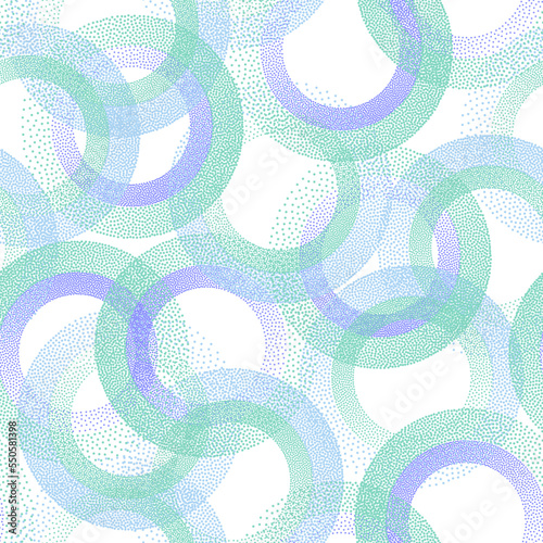 Circle ring shapes of dots contemporary vector seamless pattern.