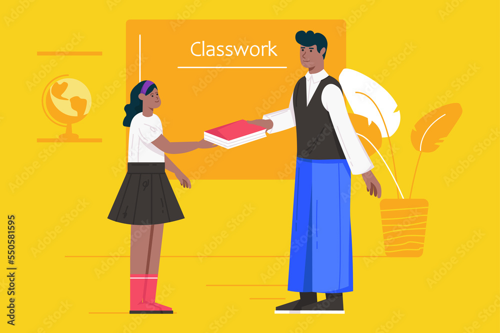 School teacher at lesson modern flat concept. Male teacher gives book to schoolgirl, helping pupil learning subject and doing classwork. Illustration with people scene for web banner design