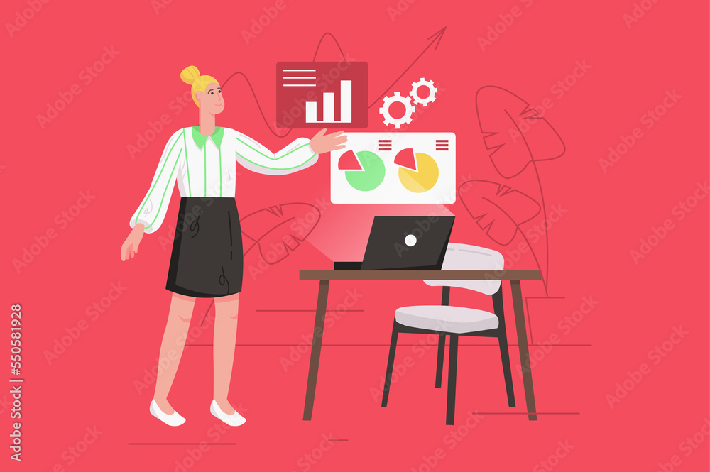 Business process and data analysis modern flat concept. Businesswoman points to diagrams and makes presentation with financial statistics. Illustration with people scene for web banner design Business process and data analysis modern flat concept. Businesswoman points to diagrams and makes presentation with financial statistics. Illustration with people scene for web banner design
