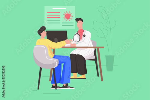 Medical clinic and healthcare service modern flat concept. Doctor and patient talking while sitting at table with computer in the office. Illustration with people scene for web banner design