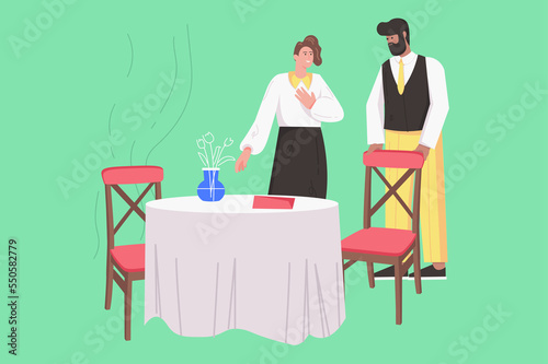 Dinner at restaurant modern flat concept. Waiter greets female visitor and sits down her at table. Happy woman visits cafeteria for dining. Illustration with people scene for web banner design