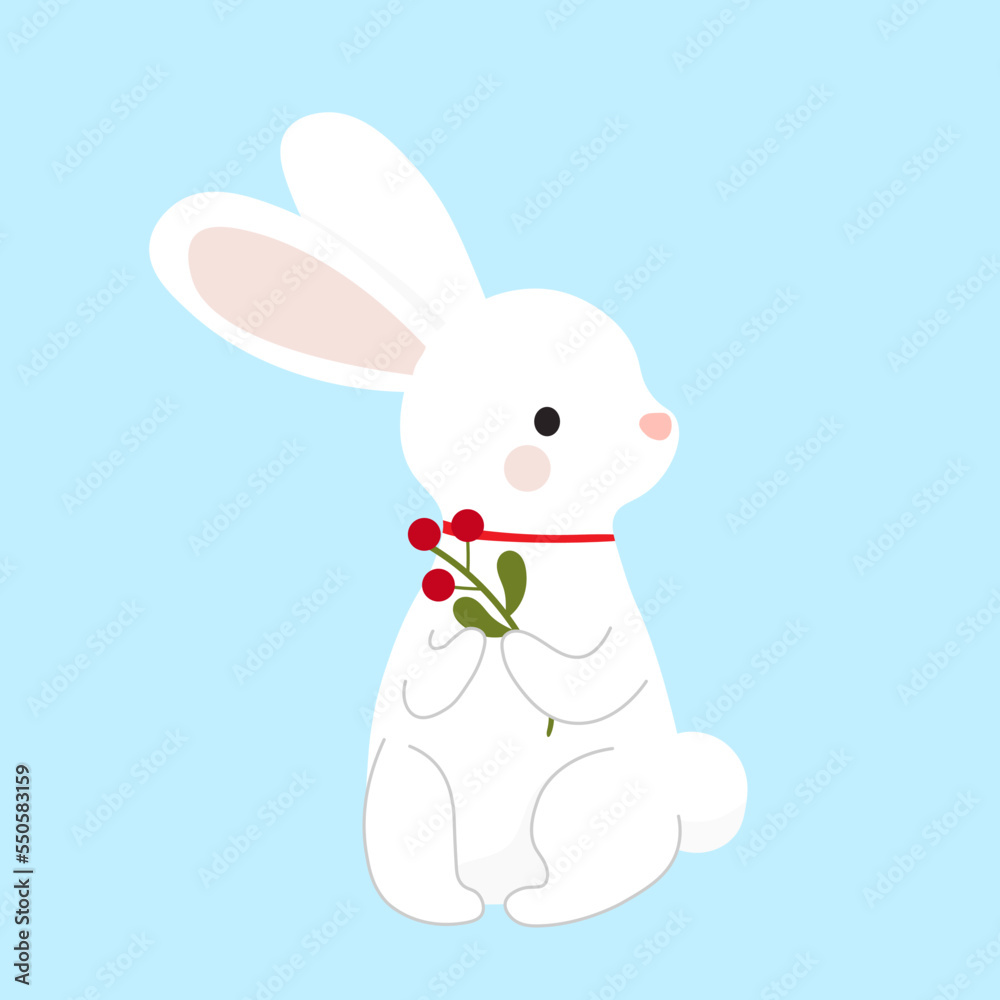 Vector illustration in a flat style, an element in the form of a white rabbit with a sprig of mistletoe in its paws. On an isolated background, suitable for decor and printing. Vector illustration in a flat style, an element in the form of a white rabbit with a sprig of mistletoe in its paws. On an isolated background, suitable for decor and printing.