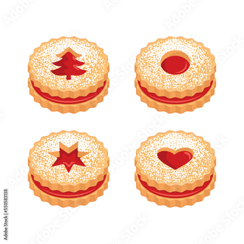 Linzer christmas cookies icon set vector. Delicious christmas linzer round cookies with jam icon set isolated on a white background. Festive shortbread biscuit drawing