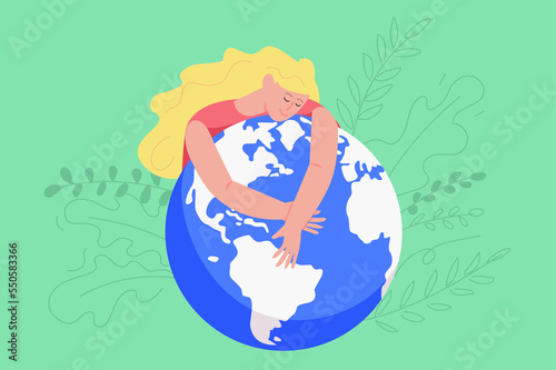 Fototapeta Naklejka Na Ścianę i Meble -  Earth day holiday celebration modern flat concept. Woman hugging and expresses love to planet. Environmental protection and eco activism. Illustration with people scene for web banner design
