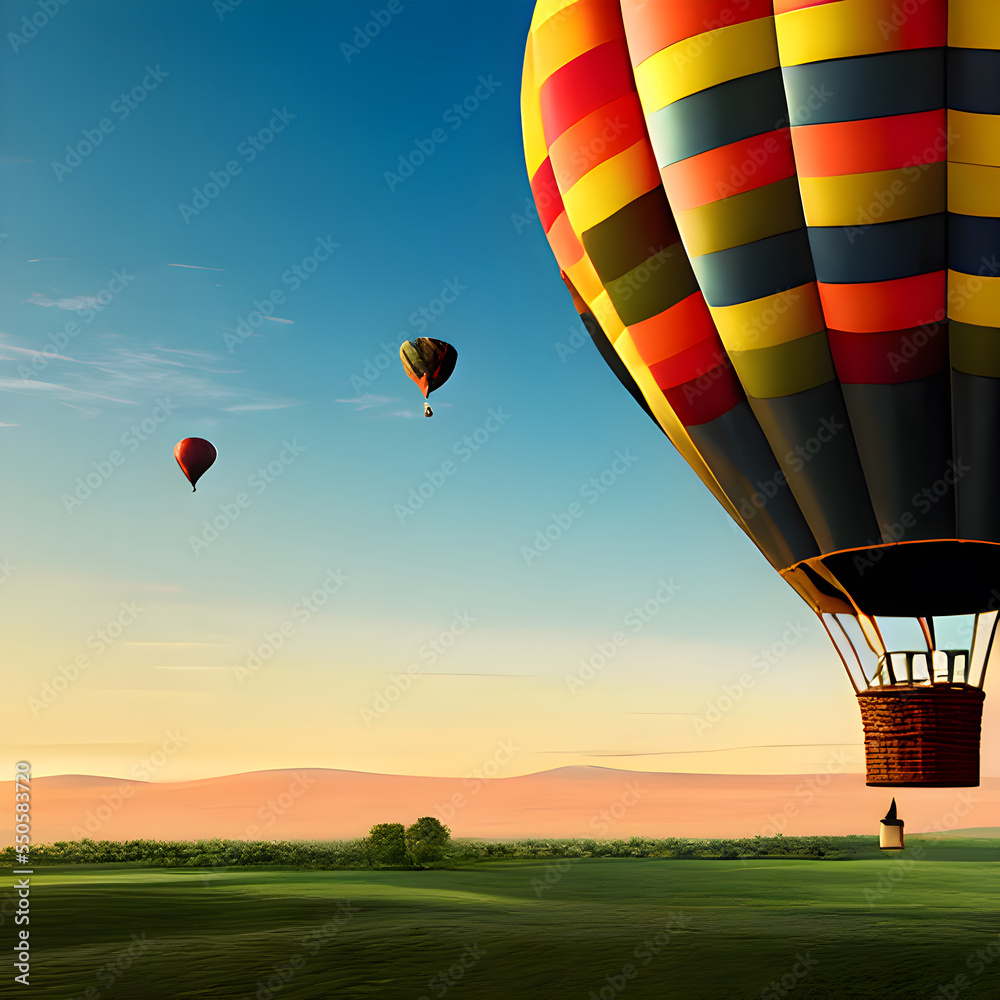 Obraz premium 気球やバルーンが飛ぶ架空の風景イラスト
