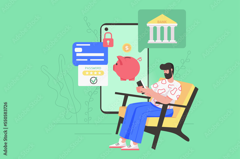Online banking services modern flat concept. Man saves money, invests and keeps personal funds in account using secure mobile application. Illustration with people scene for web banner design