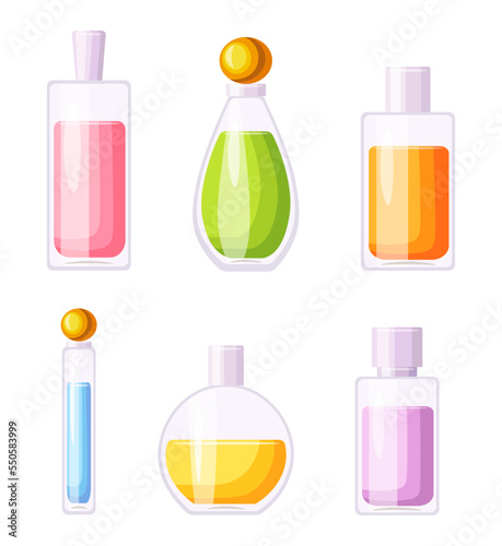 Set of colorful perfumes in flat style isolated on white background. Vector illustration of different colorful perfume bottles. Perfume bottle vector. Design of a cosmetic product for men and women