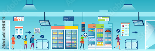 Vector of people shopping at the fully automated convenience or grocery store using mobile app to access, purchase items and checkout