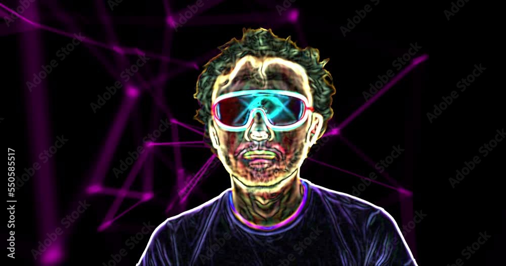 A man's head bobbing to the music. Neon lines, bright light on the background of the Veri Peri plexus. Concept of trance, future, relaxation, revel youth.
