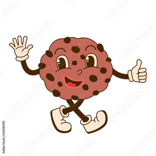 Cute Christmas chocolate cookie in retro cartoon style isolated on white background. Groovy mascot character.