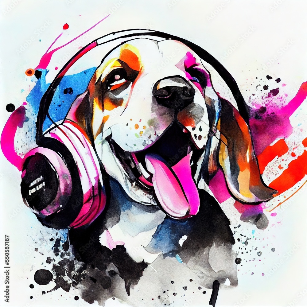 Obraz premium Happy smiling beagle puppy with headphones, colorful fine art, Ai generated illustration