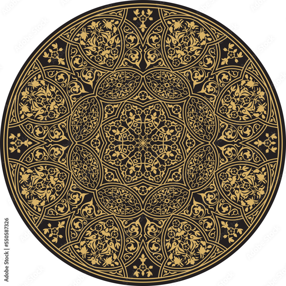 Vector gold arabic national round ornament. Ethnic circle, eastern and african peoples of asia, persia, iran, iraq, syria.