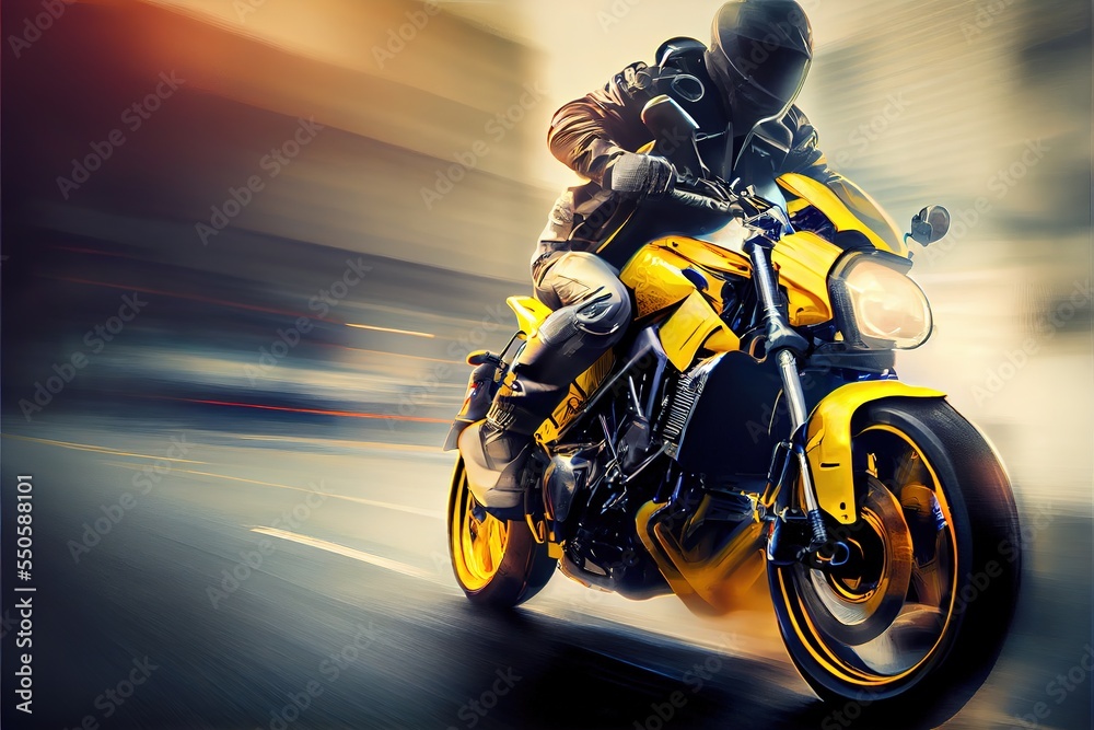 Biker on yellow sports bike rides at the highway. Blurred motion, fast speed. Photorealistic illustration generated by Ai