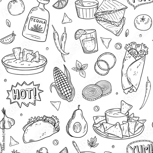 Seamless pattern with  latin american, mexican food. Cuisine mexicaine. Linear graphics. Hand drawn outline vector sketch illustration. Black on white background. 