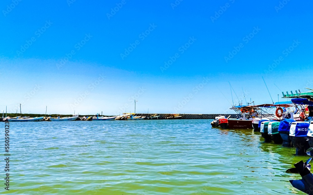 Panorama landscape boats port harbor ferries Puerto de Chiquilá Mexico.