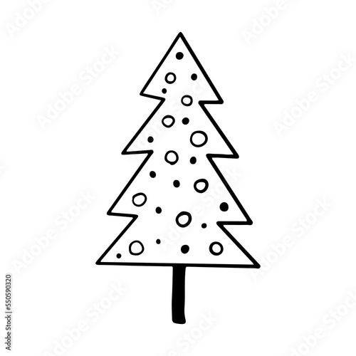 Christmas tree in doodle style. Happy New year. Hand drawn sketch of a Christmas tree. Vector illustration. Isolated on a white background. Illustration for graphics, website, logo, icons, postcards