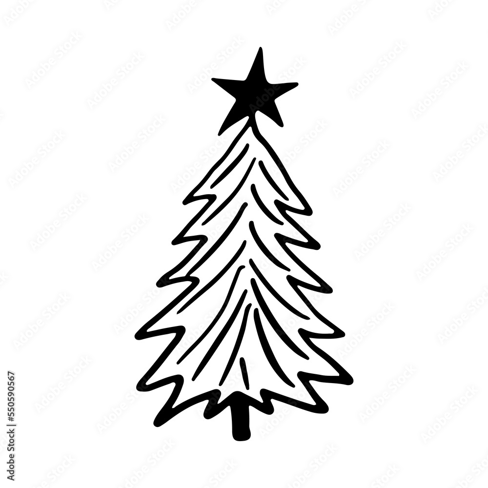 Obraz premium Christmas tree in doodle style. Happy New year. Hand drawn sketch of a Christmas tree. Vector illustration. Isolated on a white background. Illustration for graphics, website, logo, icons, postcards