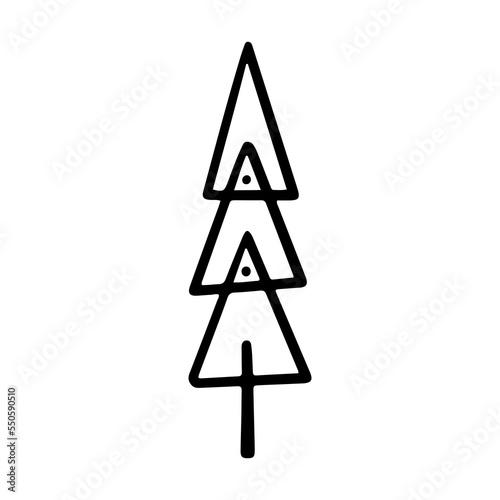 Christmas tree in doodle style. Happy New year. Hand drawn sketch of a Christmas tree. Vector illustration. Isolated on a white background. Illustration for graphics, website, logo, icons, postcards