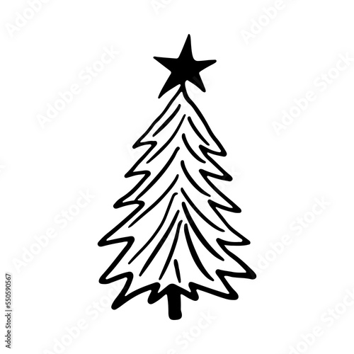 Christmas tree in doodle style. Happy New year. Hand drawn sketch of a Christmas tree. Vector illustration. Isolated on a white background. Illustration for graphics, website, logo, icons, postcards