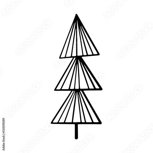 Christmas tree in doodle style. Happy New year. Hand drawn sketch of a Christmas tree. Vector illustration. Isolated on a white background. Illustration for graphics, website, logo, icons, postcards