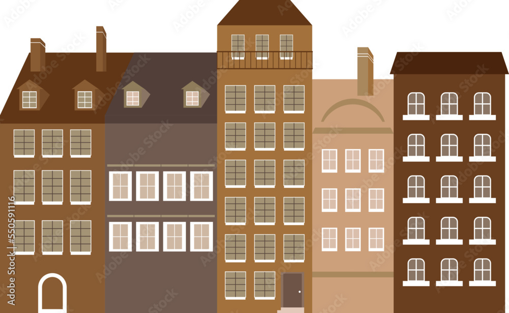 Set of houses European town on cartoon style in monochrome color