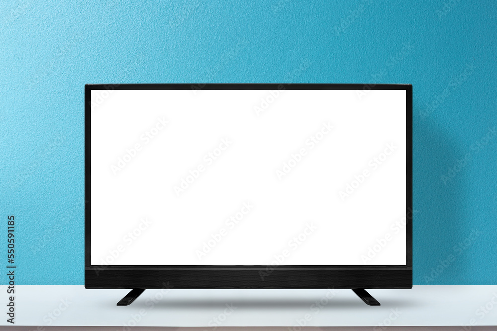 TV on a white table with blue concrete wall. House living room modern interior design. Copy space template. TV on a white table with blue concrete wall. House living room modern interior design. Copy space template.