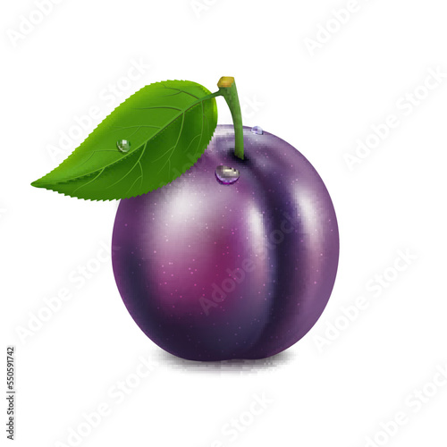 Ripe plum fruit with green leaf and drops.