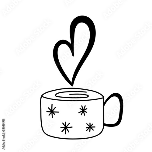 Doodle mug with steam. Hand drawn cute mug with snowflakes and heart shaped steam. Vector cozy element for decor