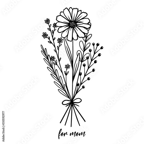 Vector isolated small pretty bouquet boutonniere black and white contour line graphic drawing