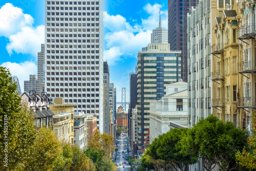 USA, Panoramic San Francisco financial district skyline in city downtown with Bay Bridge view.