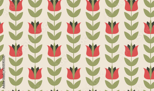 Nordic folk floral seamless pattern. Simple Scandinavian style art floral vine stripe. 