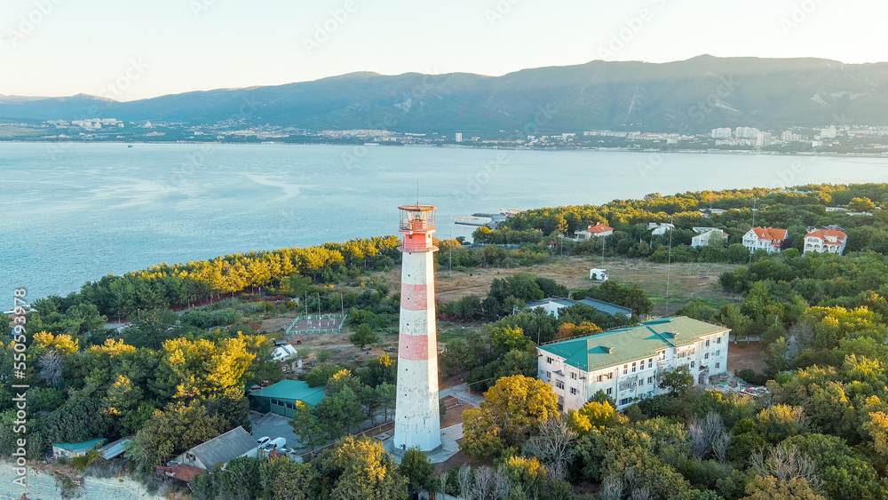 Gelendzhik, Russia. Lighthouse on the shore of Cape Tolstoy. Gelendzhik Bay, Aerial View