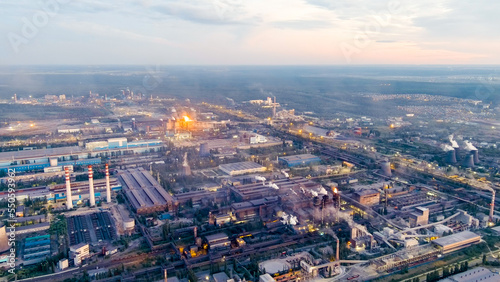 Lipetsk, Russia. Iron and Steel Works. Left Bank District. Time after sunset, Aerial View © nikitamaykov