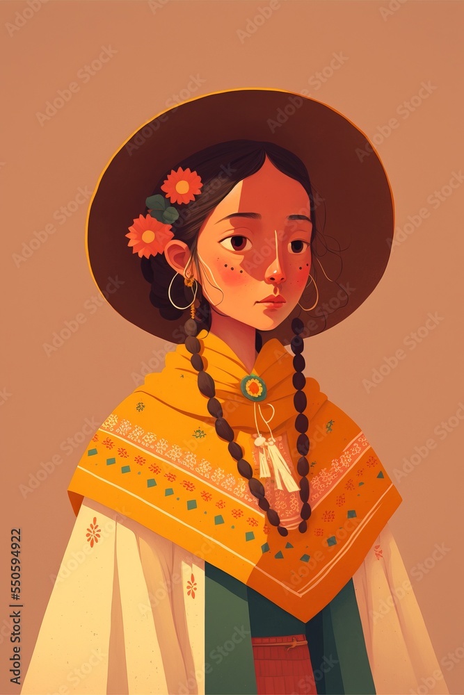 Girl wearing mexican traditional costume concept art cartoon