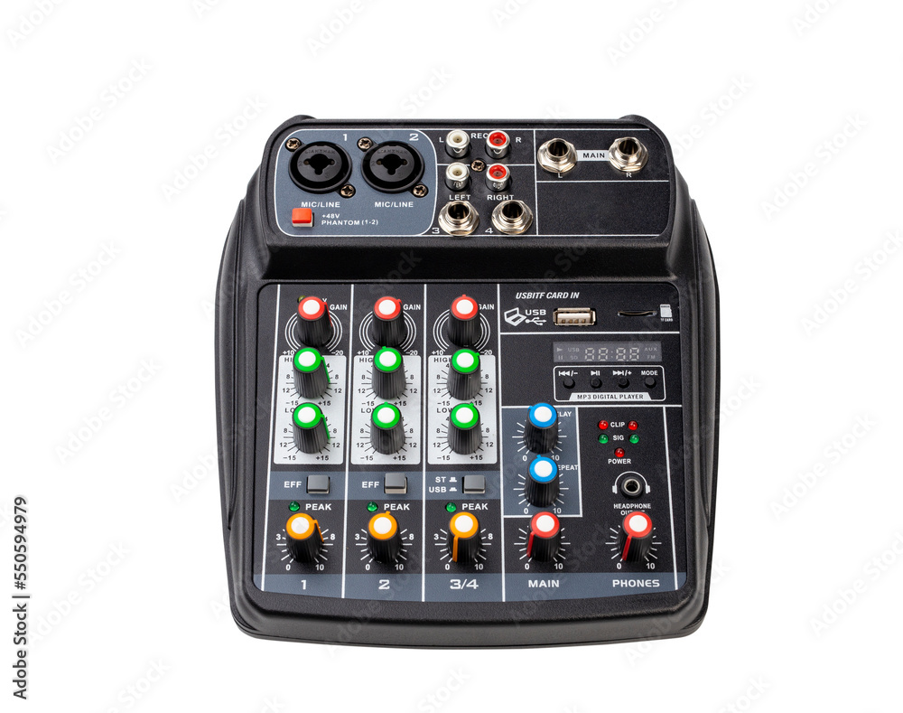Audio mixer console and clipping path isolated on white background. Audio mixer console and clipping path isolated on white background.