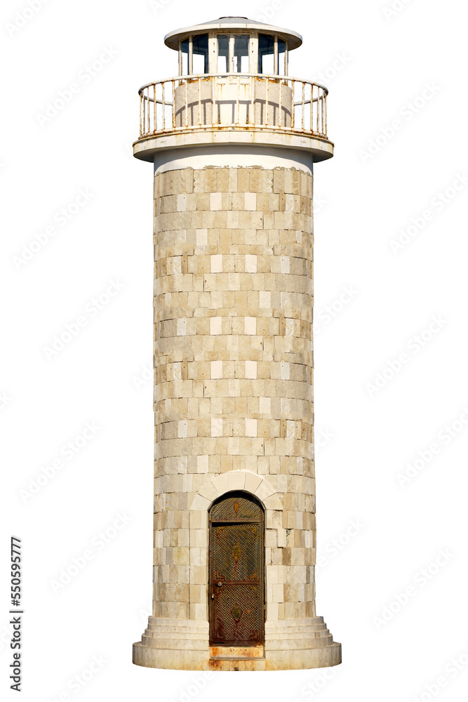 Lighthouse tower isolate. Stone ancient lighthouse for a seaport or shore on an empty white background. Marine buildings concept.