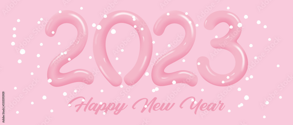 2023 calendar pink cover concept. Festive pink background with 3d numbers 2023 and snow. Vector template for a Happy New Year greeting banner, poster or postcard. Vector illustration.