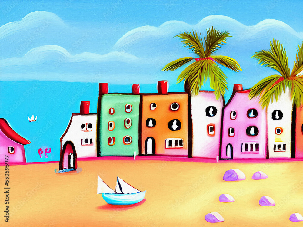 Fototapeta premium Village by the sea, digital painting naive whimsical art