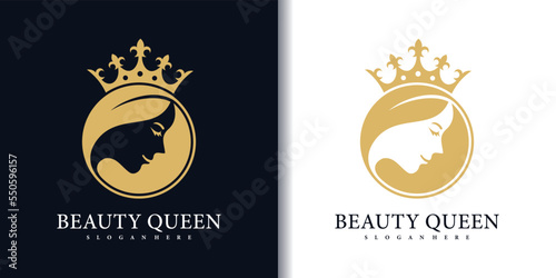 Feminine beauty woman face with queen crown gold logo