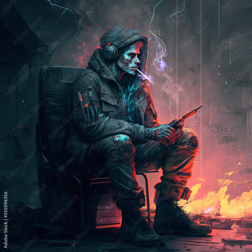 Stalker smoking a cigarette in cyberpunk style Stalker smoking a cigarette in cyberpunk style