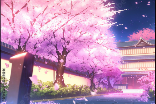 Sakura Tree Blossom in Night. Digital Illustration