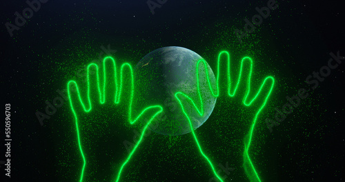 Two hands wave their palm in space among planet earth rotating, stars. Abstraction, 3d render, neon glowing lines and particles. Red outline of hands. Sign of greeting, fanaticism, adoration, party.