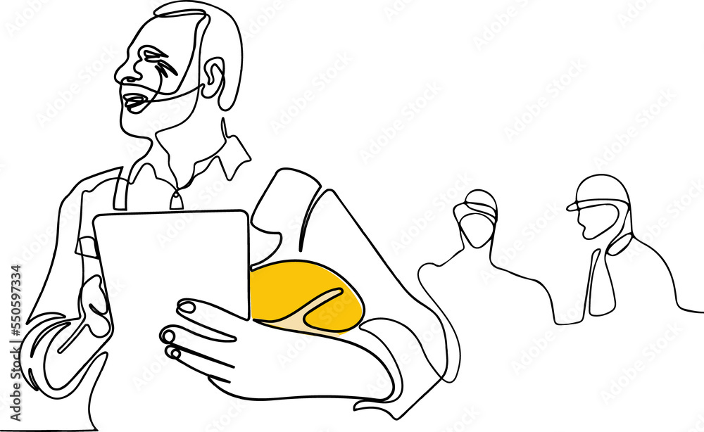 architecture works with protective face masks for safety in machine industrial factory. Continuous one line drawing for your minimal design architecture works with protective face masks for safety in machine industrial factory. Continuous one line drawing for your minimal design