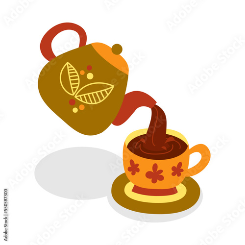 Pouring tea from a teapot into a cup. Drops of liquid scatter from splashes. The object is isolated. vector image. Cute cartoon illustration