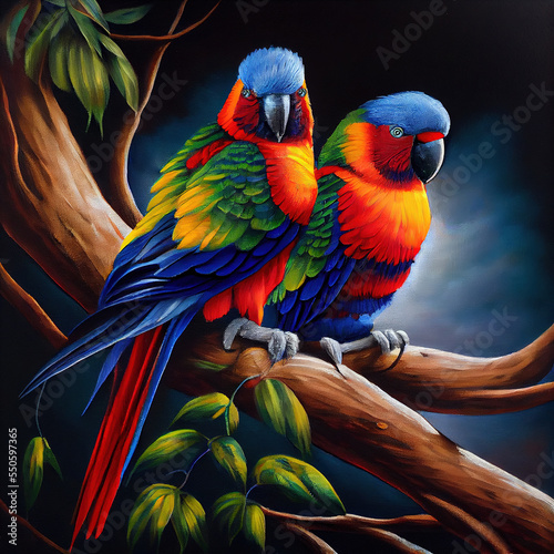 Fotótapéta A digitaly generated painting of two colorful parrots sitting on a tree branch
