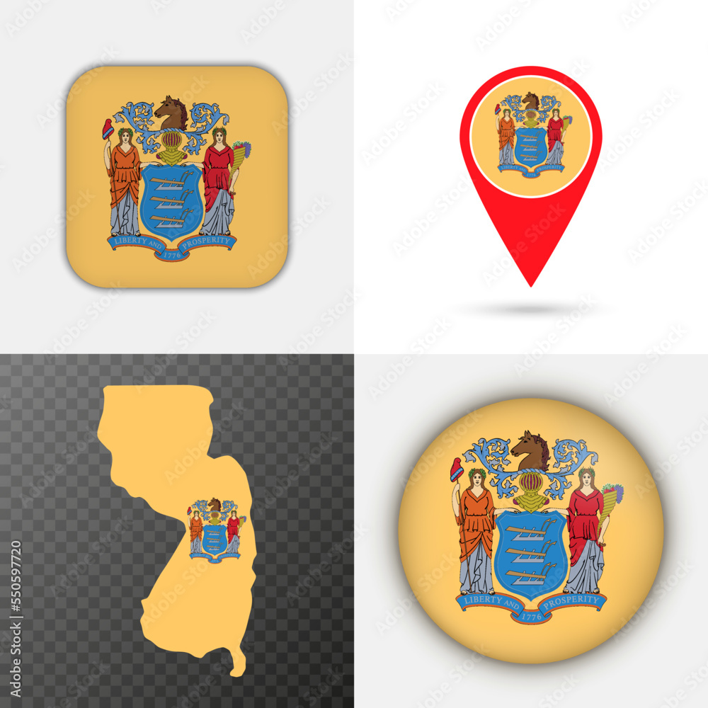 Set of New Jersey state flag. Vector illustration.