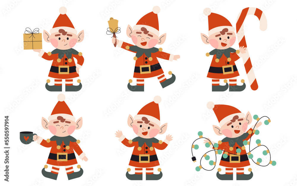 Set of christmas elves. Little Santa's helpers with holiday gifts, ringing xmas bell, lights, candy, cup. Dwarf little fantasy helper. Elf for party invitations or greeting cards. Flat vector. 