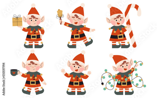 Set of christmas elves. Little Santa s helpers with holiday gifts  ringing xmas bell  lights  candy  cup. Dwarf little fantasy helper. Elf for party invitations or greeting cards. Flat vector. 