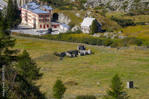 Scenic view of famous mountain hamlet Gletsch, Canton Valais, on a sunny late summer day. Photo taken September 12th, 2022, Gletsch, Switzerland.