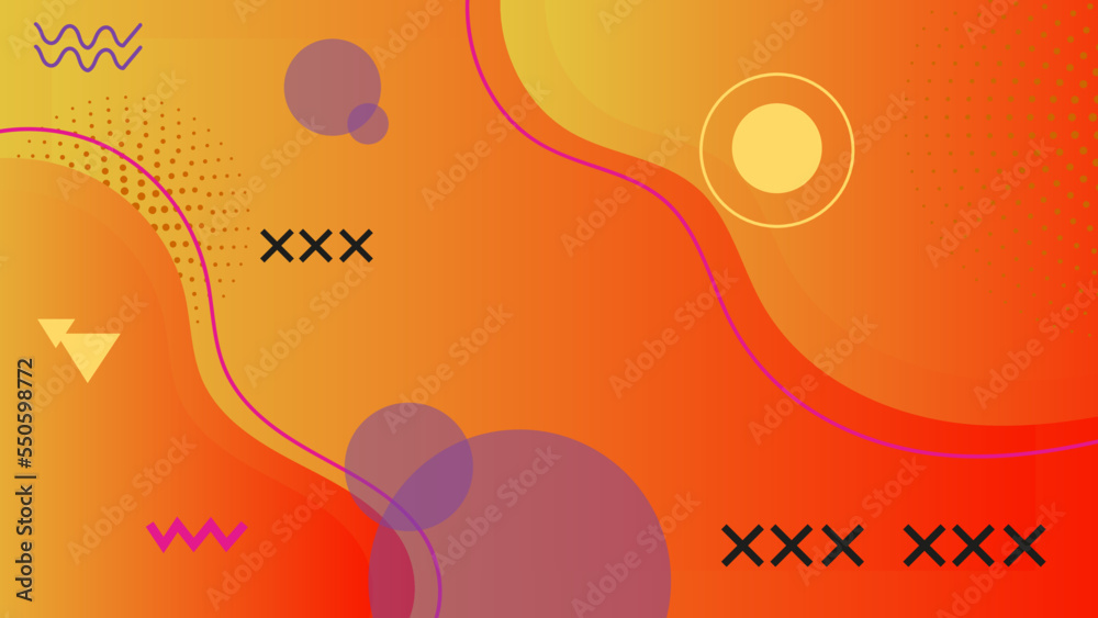Memphis geometry background with orange gradient color and geometric shapes. Colorful shapes pattern, vivid coloring texture and funky color patterns abstract vector backgrounds
